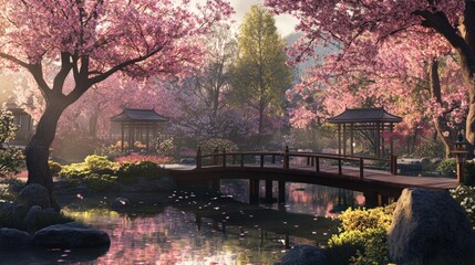 Tranquil Japanese garden with cherry blossoms and bridge.