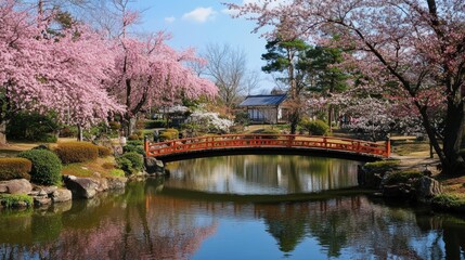 Fototapeta premium A red bridge over a pond with cherry blossoms and