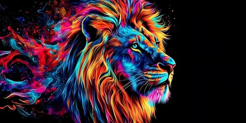 Lion, the head of a lion in a multi-colored flame. Abstract multicolored profile portrait of a lion head on a black background. Generative AI technology