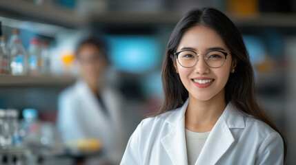 Fototapeta premium Beautiful young indian woman scientist wearing white coat and glasses in modern Medical Science Laboratory with Team of Specialists on background.