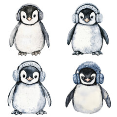 Fototapeta premium Set of Adorable Christmas Penguins in Various Poses Isolated on Transparent Background