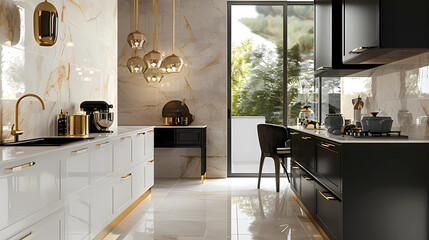 A contemporary, chic kitchen featuring stylish black and white cabinets, golden fixtures, and marble tiles.
