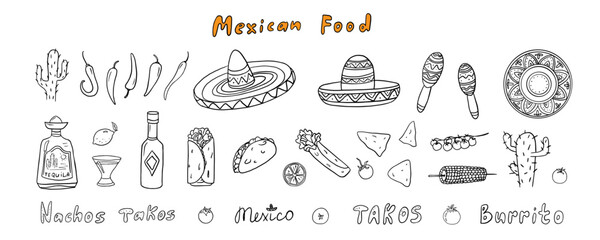 Big set of mexican theme in doodle style. Nachos, takos, burrito, tomato, corn, cactus, hat, tequila, sombrero, lemon, tortilla, chili pepper, maracas. Hand drawn. Great for bar menu, banner