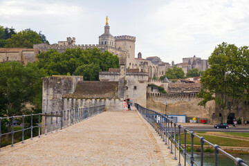 Avignon Bridge with Popes Palace and Rhone river, Provence, France. 