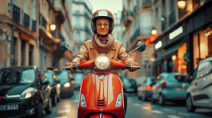 senior woman riding a scooter in the city