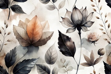 Abstract floral art painting background watercolor style black beige white colors . Wallpaper flower and leaves. Botanical poster, floral card, greeting card. 