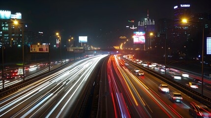 Night Traffic Lights Trails on a Busy City Highway
