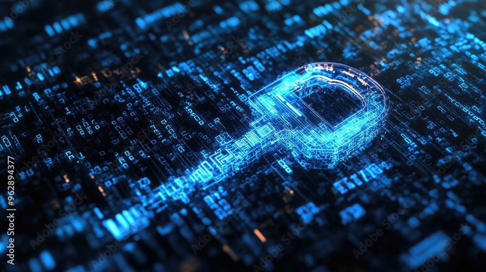 Poster a digital key against a background of encrypted data streams, representing encryption technology and