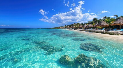 Clear turquoise water, white sand, palm trees, and beach chairs.