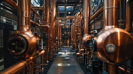 Fototapeta premium A factory mechanical room, featuring a maze of copper pipes and towering boilers, symbolizing industrial power