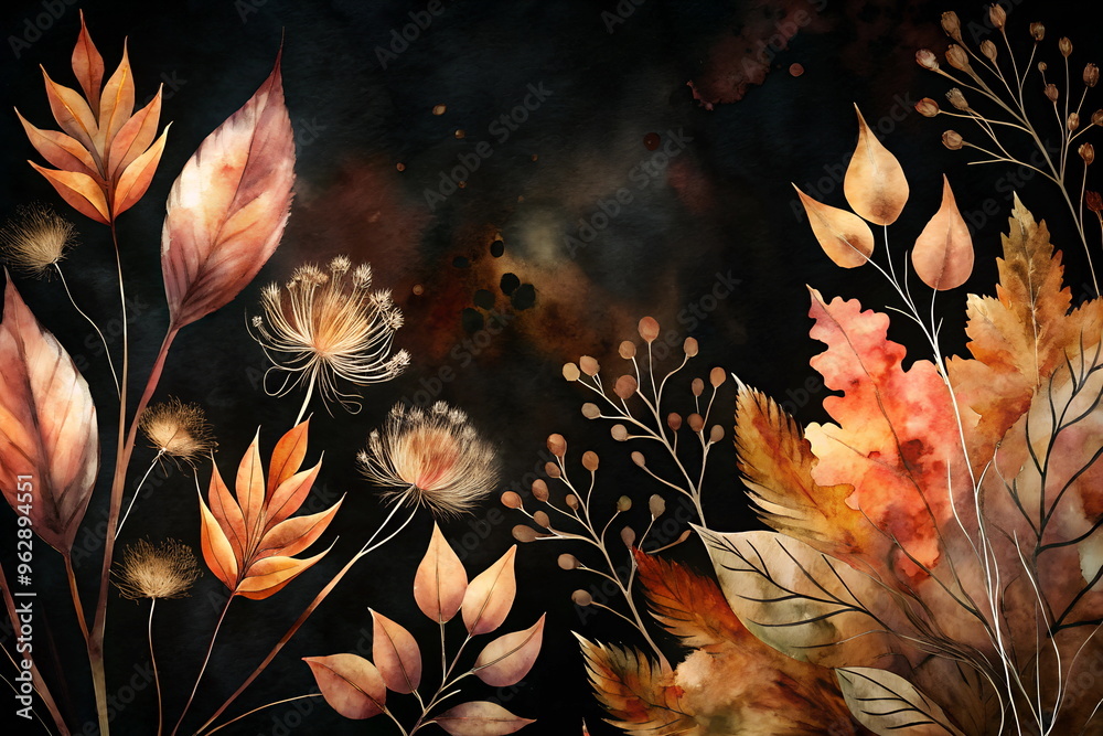 Wall mural Abstract floral art watercolor painting black background. Flowers and autumn leaves template with copy space. Botanical poster, floral card, greeting card. 