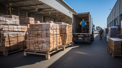 Shot of worker loading truck with finished pet food products, ready to be shipped to stores or distributors,