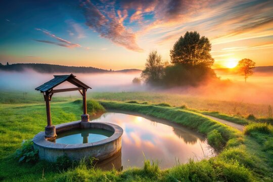 dreamy ethereal slow-shutter capture of morning mist rising from artesian well surrounded by lush greenery in a serene rural landscape at dawn