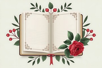 Beautiful Digital Illustration of Open Book with Red Rose and Greenery