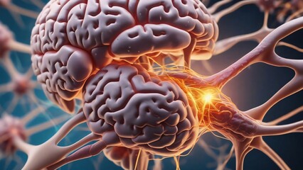 close up of human brain, neurons firing, neural extensions, cognitive learning plasticity. Detailed close up of human brain showing neurons firing and neural extensions in action	