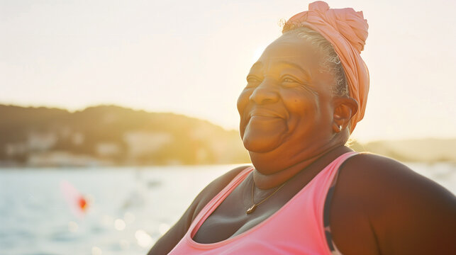 Joyful Escape: A Happy, Confident Black Woman Embracing Self-Love and Adventure on a Vibrant Tropical Beach Vacation