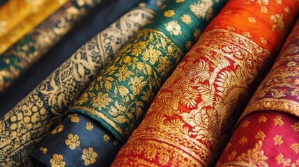 Intricate designs on cotton textiles from India, forming a rich pattern background of traditional fabrics.