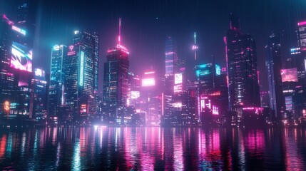 Obraz premium Neon-lit cityscape reflected in a water body.