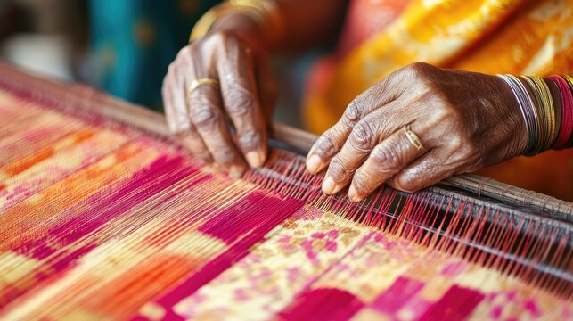 Kanchipuram silk sari handloom weaving in close-up, focusing on the weavera hands and the intricate fabric patterns.