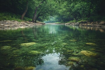 Obraz premium Clear river flowing through a green forest.