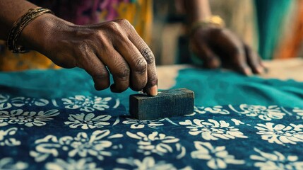 A skilled artisan applies block printing patterns with ink on a sari, showcasing the vibrant textile-making tradition.