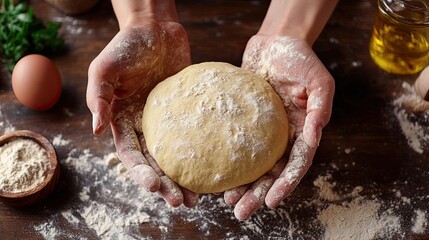 Obraz premium Hands Hold the Dough Before Putting the Dough into the Oven