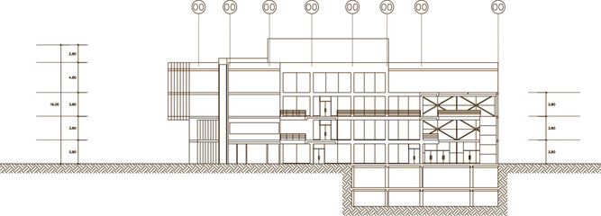 Vector sketch illustration of an architectural engineering design drawing of a view of the cultural center building with dimensions 