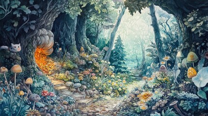 Obraz premium A whimsical woodland path lined with mushrooms and flowers.