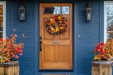 Beautiful blue house decorated with autumn colors welcoming visitors