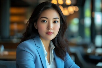 Naklejka premium Portrait of attractive asian businesswoman in blue suit sitting in restaurant