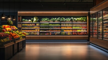 Quiet and empty supermarket with fully stocked shelves and fresh produce, showcasing a moment of calm before opening.