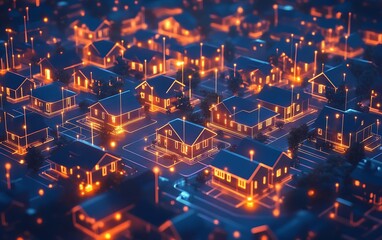 Obraz premium Illuminated Future: AI Controlling Smart Homes in Interconnected Glowing Networks