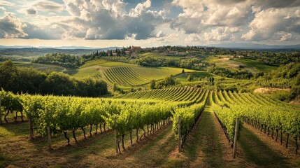 Obraz premium Vineyards, rolling hills, and a village in the distance.