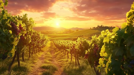 Naklejka premium Vineyard at sunset with path and grapes.