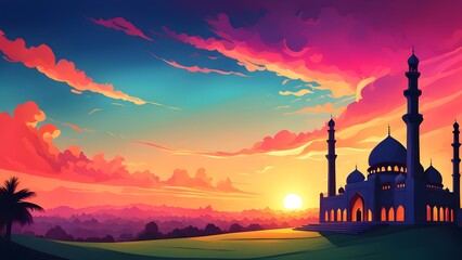 A colorful sky with a large building in the background