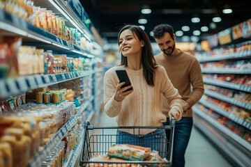 A young couple is grocery shopping, the woman is checking her phone, and the man is pushing the shopping cart.
