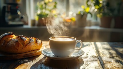 Hot coffee cup with steaming hot bread in the Morning