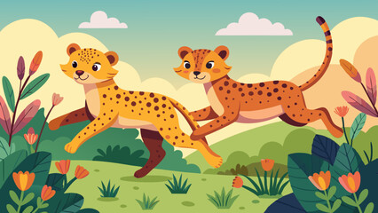 Playful Cheetah Cubs Frolicking in a Colorful Savannah Landscape