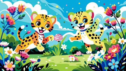 Fototapeta premium Vibrant Cartoon Leopards Playing in a Colorful Floral Landscape