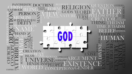 God as a complex subject, related to important topics. Pictured as a puzzle and a word cloud made of most important ideas and phrases related to god. ,3d illustration © GoodIdeas