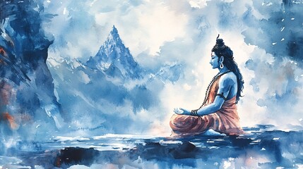 Tranquil Watercolor Illustration of Lord Shiva Meditating at Mount Kailash with Copy Space for Text