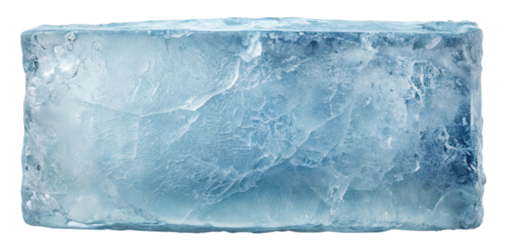 Rectangular ice block with a frosted, textured surface. Ideal for beverage presentations, food styling, and creative visual designs. Isolated on transparent background, png.