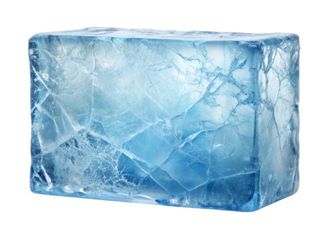 Blue transparent ice block featuring intricate cracks throughout its surface, showcasing a textured and frosty appearance. Isolated on transparent background, png.