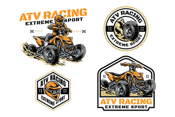ATV rider and vehicle logo design for extreme sport. All-terrain vehicle off-road 4x4 quad and ATV quad racing sign symbol modern logo. ATV helmet and tire sport emblem badge logo illustration