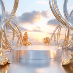 Empty round metallic podium surrounded by gold and silver abstract shapes against sunset sky with clouds. Product display background with copy space 