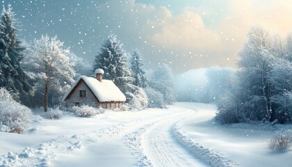 Snowy Forest Path with Cabin