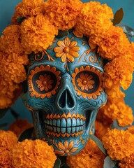 Blue Sugar Skull with Marigolds