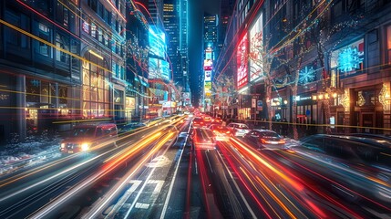 Vibrant Cityscape at Night with Traffic Lights and Holiday Decorations