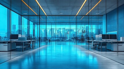 Modern office interior with computers on table and blue glass wall 