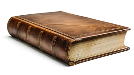 Obraz premium A closed book with a realistic leather cover and spine details on a white background.